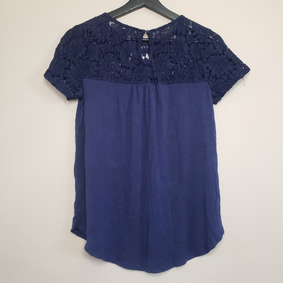 Halogen lace trim top baby doll style t-shirt S navy blue - Picture 2 of 4